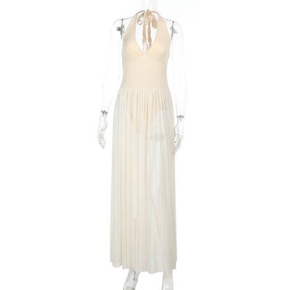 European And American Style Halterneck Vacation Pleated A-Line Long Dress