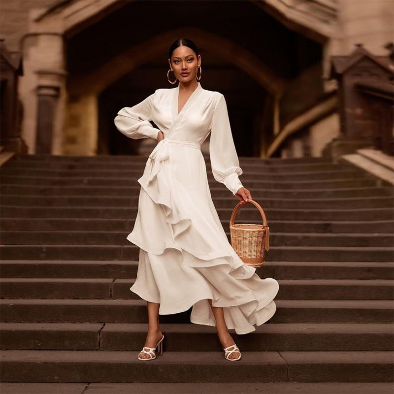 V-neck Long Sleeve Ruffled White Satin Prom Dress