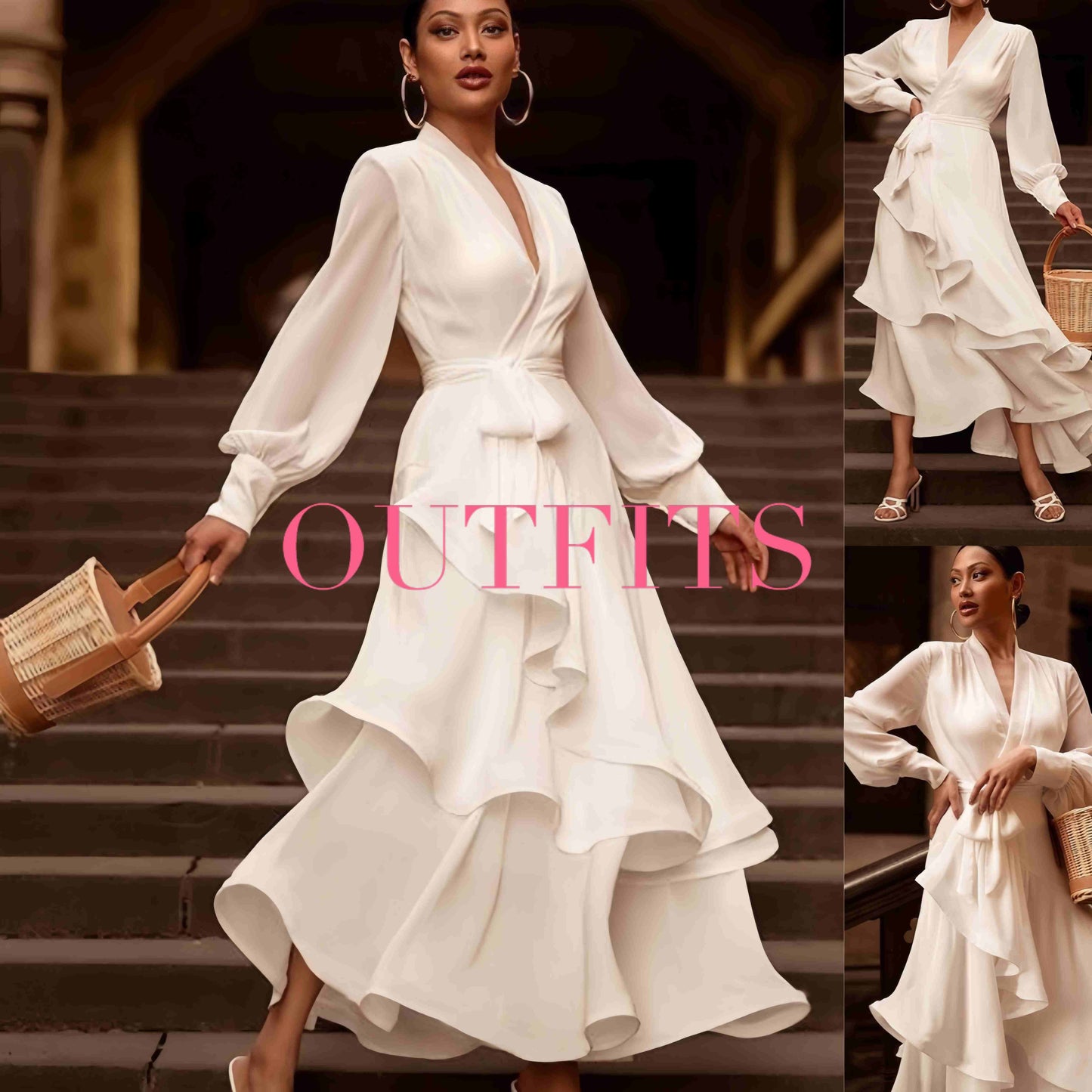 V-neck Long Sleeve Ruffled White Satin Prom Dress