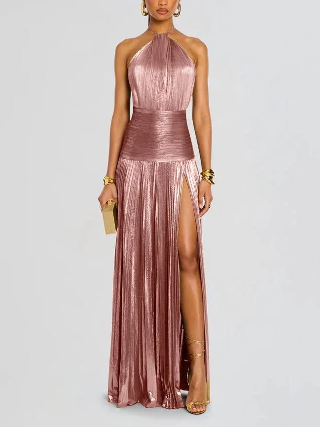 Women's Pleated Split Lace-up Halter Dress